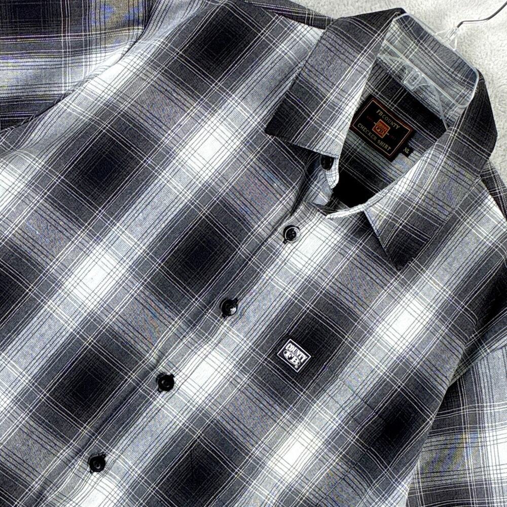 FB County Checker Shirt Men XL Black White Plaid Flannel Streetwear Lowrider
